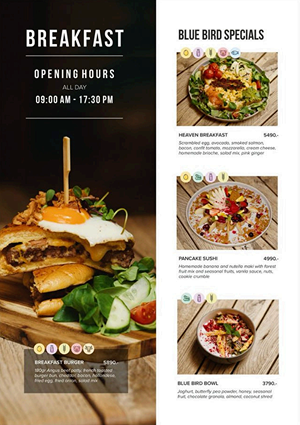 Blue Bird Roastery Cafe menu design - European