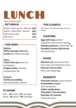 Bistrot Maurice menu design - European, French