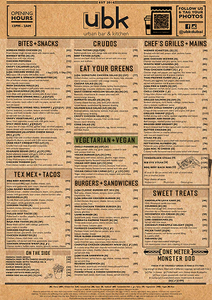Urban Bar & Kitchen menu design - Indian, American